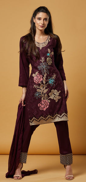 Plum Indian Designer Embroidered Salwar Suit - Asian Party Wear