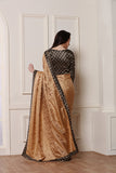 CUBAN SAND BEIGE AND BLACK BROCADE SILK SAREE - Asian Party Wear