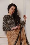 CUBAN SAND BEIGE AND BLACK BROCADE SILK SAREE - Asian Party Wear