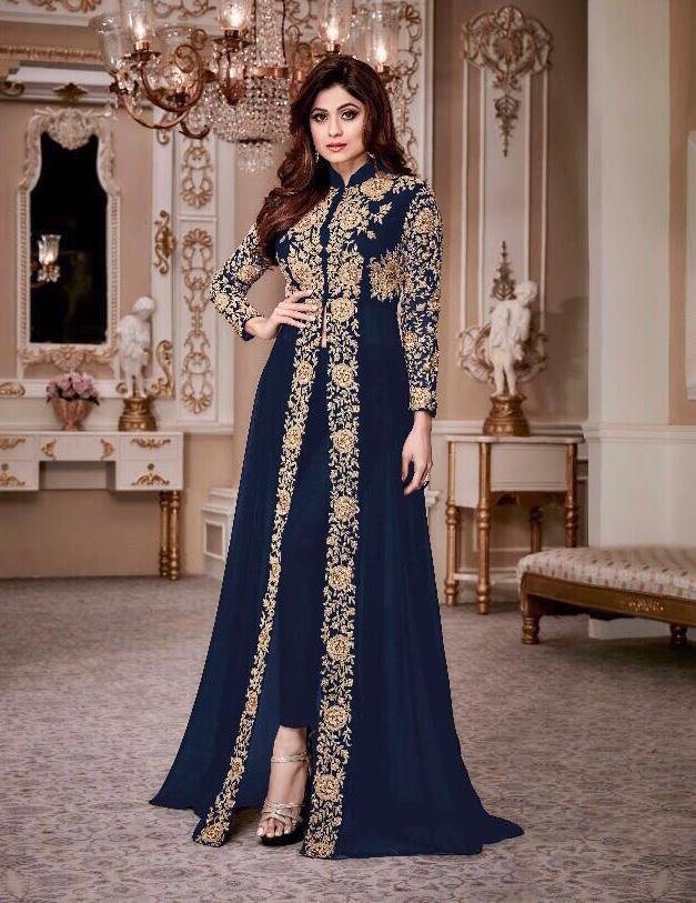 Cheap Blue Faux Georgette Full Sleeve Anarkali Gown with Dupatta |  Embroidered Indian Dress for Weddings & Festivals , ABGHANI PAKISTANI SUIT  | Joom