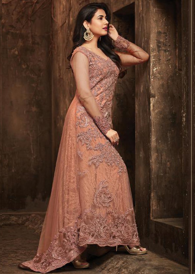 peach and gold indian dress Glamourous Peach Zari and Sequins Embroidered Faux Georgette Indian wedding Designer lehenga choli