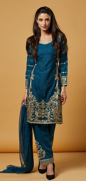 TEAL BLUE PAKISTANI READYMADE SUIT - Asian Party Wear