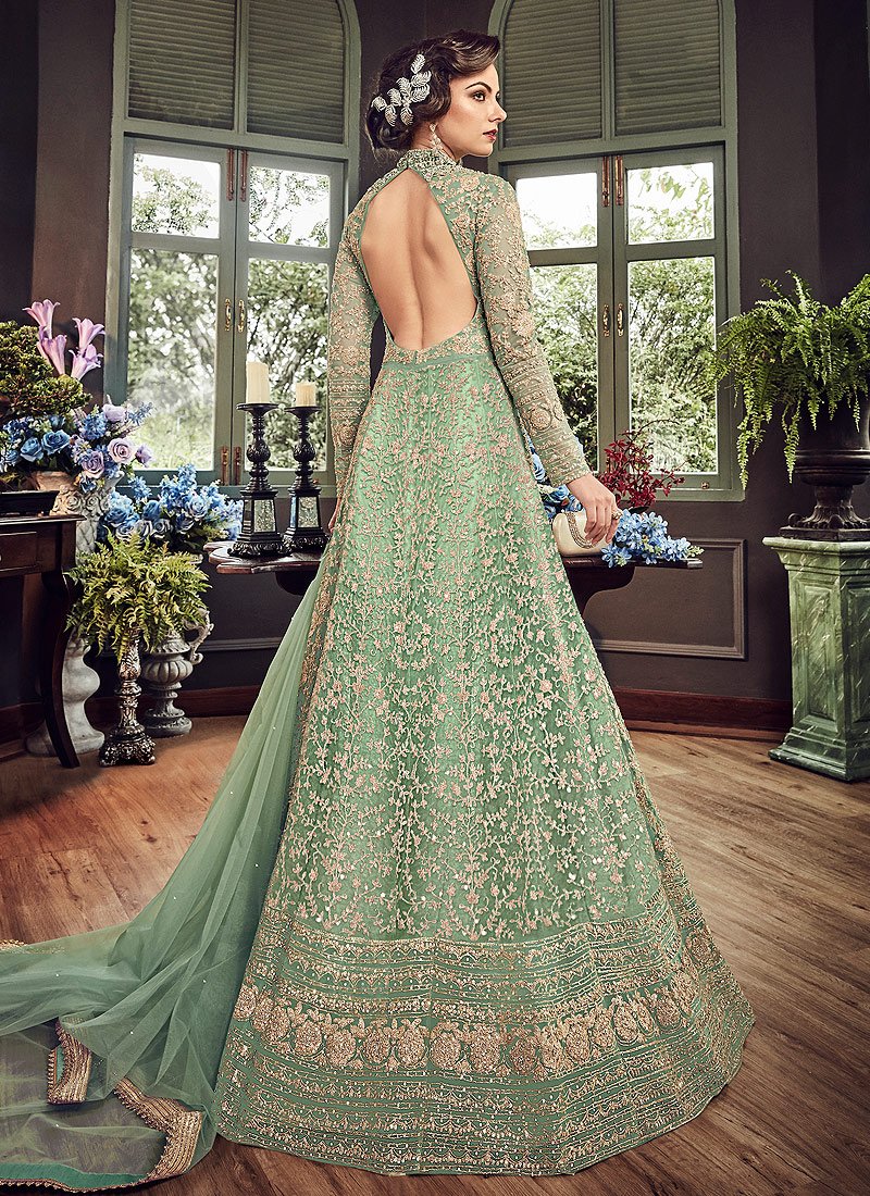 SAGE GREEN HEAVY EMBROIDERED INDIAN WEDDING & EVENING GOWN SAGE GREEN HEAVY EMBROIDERED INDIAN WEDDING & EVENING GOWN