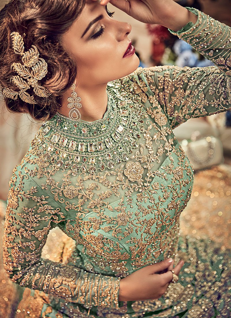 SAGE GREEN HEAVY EMBROIDERED INDIAN WEDDING & EVENING GOWN SAGE GREEN HEAVY EMBROIDERED INDIAN WEDDING & EVENING GOWN