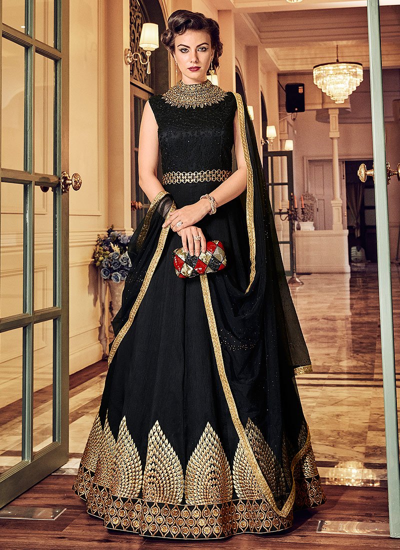 BLACK HEAVY EMBROIDERED INDIAN WEDDING EVENING GOWN