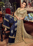 BEIGE AND BLUE HEAVY EMBROIDERED INDIAN WEDDING PALAZZO DRESS - Asian Party Wear