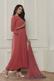 ROSE PINK TRENDY FULL FLARED READY MADE DRESS - Asian Party Wear