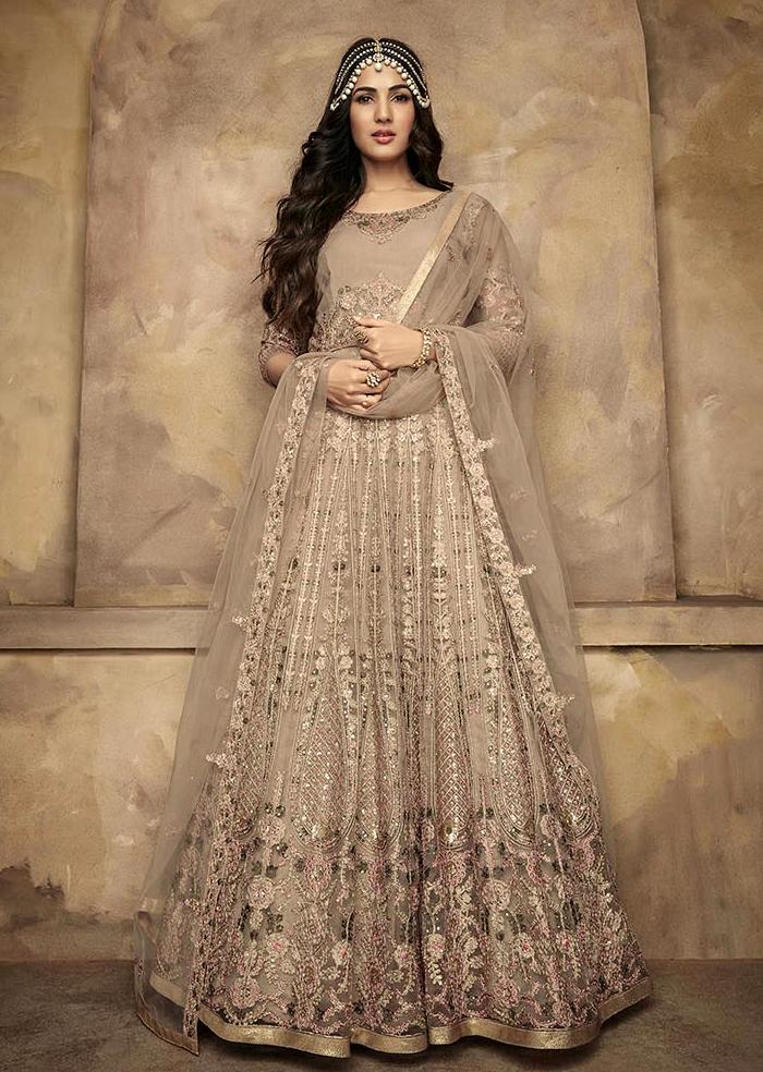 BEIGE PREMIUM NET PAKISTANI BRIDESMAID DRESS