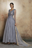 DAZZLING GREY LONG SHEER STYLE READY MADE INDIAN DRESS - Asian Party Wear