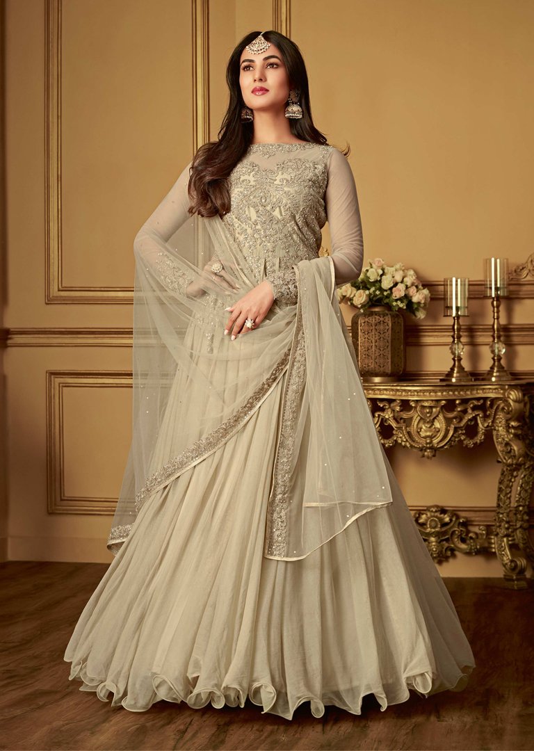 BEIGE INDIAN WEDDING WEAR NET GOWN - Main Image