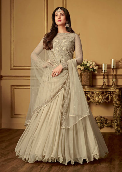 BEIGE INDIAN WEDDING WEAR NET GOWN - Asian Party Wear