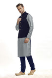 Grey and Navy Blue Waistcoat Grey Kurta Pajama Menswear Suit - Asian Party Wear