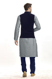 Grey and Navy Blue Waistcoat Grey Kurta Pajama Menswear Suit - Asian Party Wear