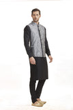 Black Kurta Pajama Grey Waistcoat Indian Menswear Outfit - Asian Party Wear