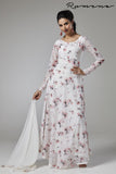 WHITE FLORAL LONG LENGTH READY MADE ANARKALI SUIT - Asian Party Wear