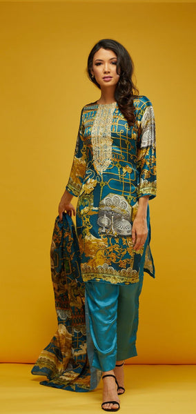 Teal Blue Printed Silk Ethnic Salwar Kameez - Asian Party Wear