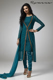 TEAL GREEN JACKET STYLE GEORGETTE READY MADE SUIT - Asian Party Wear