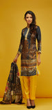 Dark Grey & Yellow Printed Silk Readymade Suit - Asian Party Wear