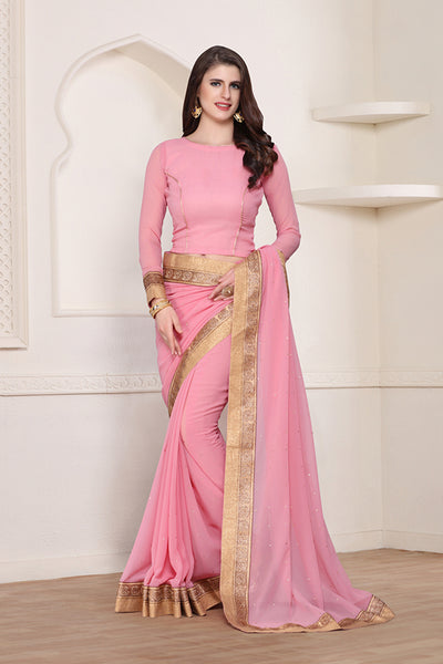 ZACS-617 STUNNING PINK GEORGETTE WITH AN AMAZING ZARI BORDER READY MADE SAREE - Asian Party Wear