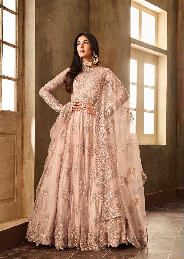 Peach Golden Heavy Embroidered Designer Work Gown - Indian Heavy Anarkali  Lehenga Gowns Sharara Sarees Pakistani Dresses in USA/UK/Canada/UAE -  IndiaBoulevard