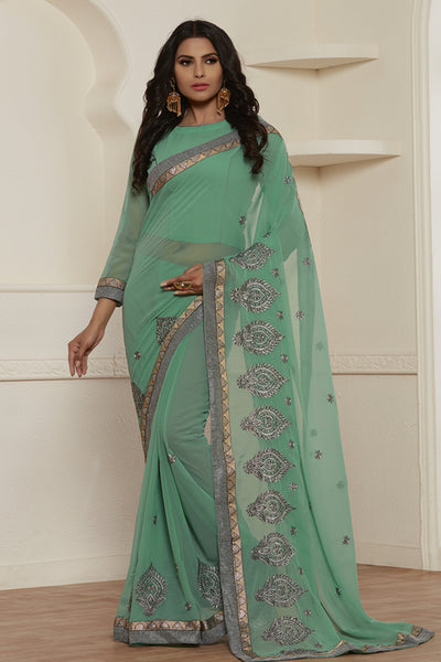 STUNNING SEA GREEN GEORGETTE PAKISTANI CASUAL WEAR SAREE - Asian Party Wear