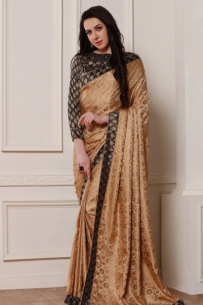 CUBAN SAND BEIGE AND BLACK BROCADE SILK SAREE - Asian Party Wear