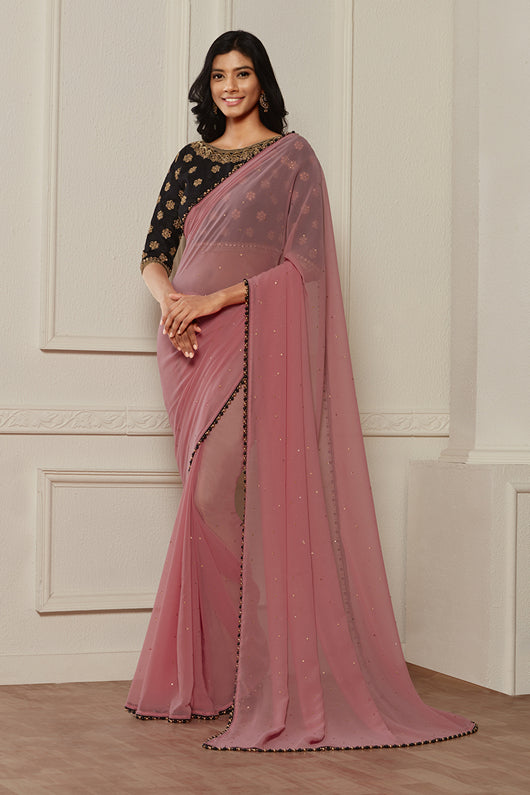 ZACS-610 PINK AND BLACK CONTRAST MATCHING BLOUSE READY MADE SAREE