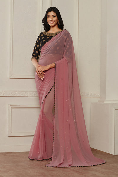 ZACS-610 PINK AND BLACK CONTRAST MATCHING BLOUSE READY MADE SAREE - Asian Party Wear