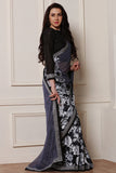 ZACS-608 STUNNING BLACK AND GREY PRINTED GEORGETTE READY TO WEAR SAREE - Asian Party Wear