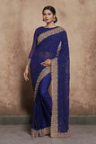 ZACS-603 NAVY BLUE THREAD WORK AND DIAMANTE EMBROIDERED INDIAN TRADITIONAL SAREE - Asian Party Wear