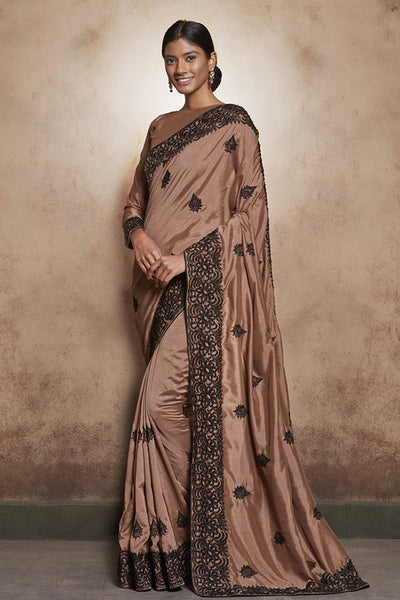 ZACS-602 BROWN LACE BORDER WEDDING WEAR READY MADE INDIAN SAREE - Asian Party Wear