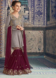 ZMR-6901 Dashing Grey and Plum Indian Pakistani Party Wear Mother and Daughter Eid Dress ( 4 weeks delivery) - Asian Party Wear