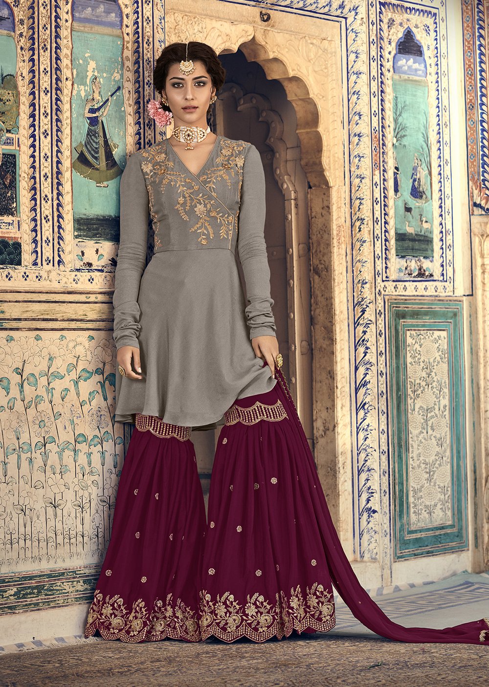 grey and purple pakistani dresses Light Purple Embroidered Chinon Chiffon Pakistani Suit