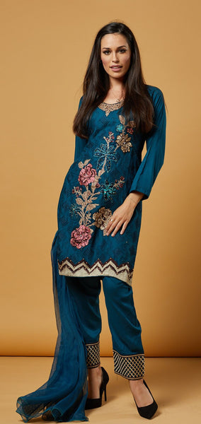 TEAL BLUE PAKISTANI DESIGNER READYMADE SUIT - Asian Party Wear