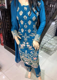 Mosaic Blue Embroidered Linen Readymade Indian Salwar Suit - Asian Party Wear