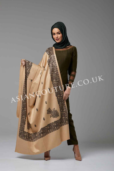 ZAC-805 MEHNDI GREEN AND BEIGE WINTER WEAR READY MADE OUTFIT WITH SHAWL - Asian Party Wear