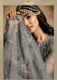 GREY PAKISTANI BRIDAL BRIDESMAID WEDDING ANARKALI DRESS - Asian Party Wear