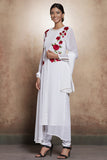 BRILLIANT WHITE FLORAL THREAD EMBROIDERED JACKET STYLE READY MADE DRESS IN GEORGETTE - Asian Party Wear