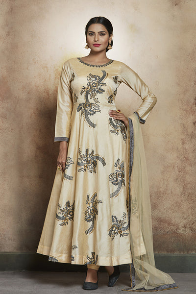 BEIGE ROYAL FLARED READY MADE FROCK STYLE DRESS (XXS Size) - Asian Party Wear