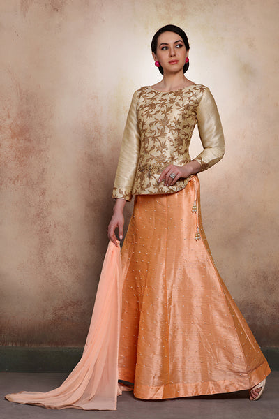 GOLD AND PEACH SILK BANGLORI SILK CHOLI SKIRT STYLE READY MADE DRESS - Asian Party Wear