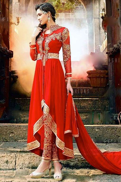 7108 FIESTA RED AAFREEN DESIGNER ANARKALI STYLE SUIT - Asian Party Wear