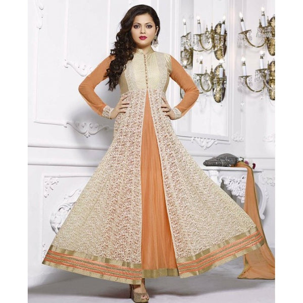 White & Orange Jacket Style Anarkali Suit - Asian Party Wear