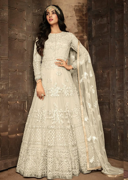 OFF WHITE ASIAN PAKISTANI FASHION ANARKALI GOWN - Asian Party Wear