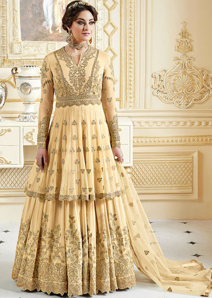 GOLDEN CREAM INDIAN & PAKISTANI DESIGNER PARTY AND WEDDING WEAR FANCY ANARKALI GOWN - Asian Party Wear