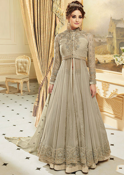 BEAUTEOUS GREY INDIAN & PAKISTANI DESIGNER PARTY AND WEDDING WEAR FANCY ANARKALI GOWN - Asian Party Wear