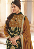 FL7315 MUSTARD AND GREEN FLORAL STRIAGHT CUT STYLE VELVET SUIT - Asian Party Wear