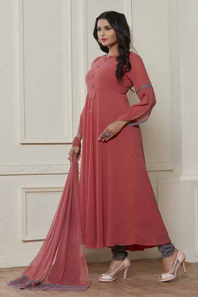 ROSE PINK TRENDY FULL FLARED READY MADE DRESS - Asian Party Wear