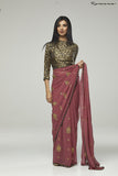 ROSE PINK DESIGNER SAREE WITH BLACK GOLD BROCADE BLOUSE - Asian Party Wear