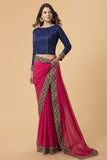 ZACS-716 RANI PINK AND NAVY BLUE BLOUSE BOLLYWOOD STYLE READY MADE SAREE - Asian Party Wear