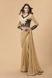 BEIGE GEORGETTE BLACK EMBROIDERED MEHNDI WEAR SAREE - Asian Party Wear